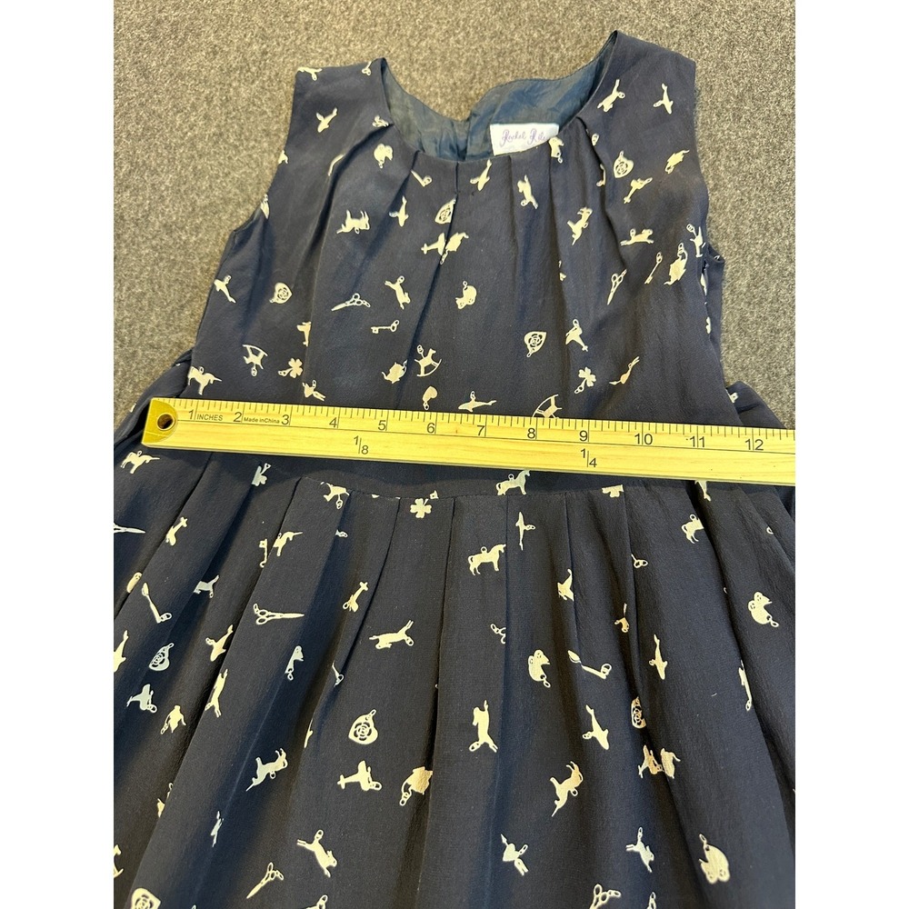 Rachel Riley Silk Dress Girls Size 7 Navy Toy Print Sleeveless Pleated Tie Waist - Picture 5 of 15
